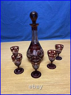 Vintage Bohemian Ruby Red Clear/Frosted 12 1/2 Decanter & (5) 3 3/4 Cordials