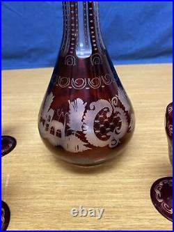 Vintage Bohemian Ruby Red Clear/Frosted 12 1/2 Decanter & (5) 3 3/4 Cordials