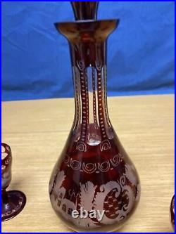 Vintage Bohemian Ruby Red Clear/Frosted 12 1/2 Decanter & (5) 3 3/4 Cordials