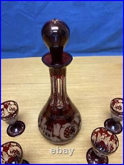 Vintage Bohemian Ruby Red Clear/Frosted 12 1/2 Decanter & (5) 3 3/4 Cordials