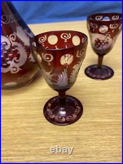 Vintage Bohemian Ruby Red Clear/Frosted 12 1/2 Decanter & (5) 3 3/4 Cordials