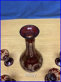 Vintage Bohemian Ruby Red Clear/Frosted 12 1/2 Decanter & (5) 3 3/4 Cordials