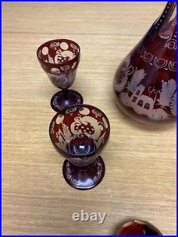 Vintage Bohemian Ruby Red Clear/Frosted 12 1/2 Decanter & (5) 3 3/4 Cordials