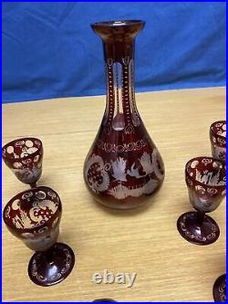 Vintage Bohemian Ruby Red Clear/Frosted 12 1/2 Decanter & (5) 3 3/4 Cordials