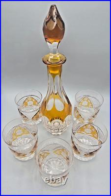 Vintage Bohemian Style Amber Cut to Clear Decanter Set & 5 Whiskey Glasses