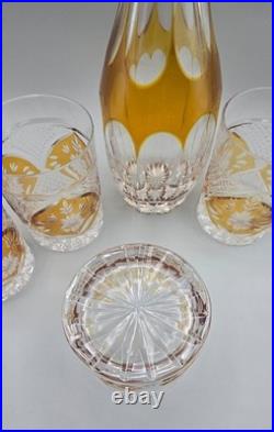 Vintage Bohemian Style Amber Cut to Clear Decanter Set & 5 Whiskey Glasses