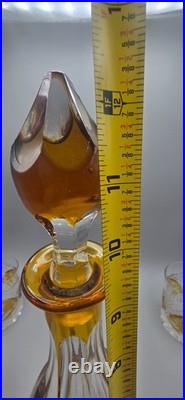 Vintage Bohemian Style Amber Cut to Clear Decanter Set & 5 Whiskey Glasses