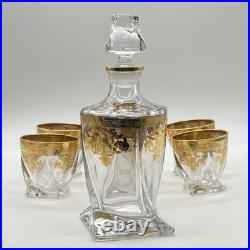 Vintage Bohemian Style Crystal Decanter Set with 6 Glasses Gold Gilt Barware