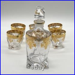 Vintage Bohemian Style Crystal Decanter Set with 6 Glasses Gold Gilt Barware