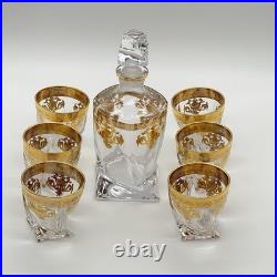 Vintage Bohemian Style Crystal Decanter Set with 6 Glasses Gold Gilt Barware