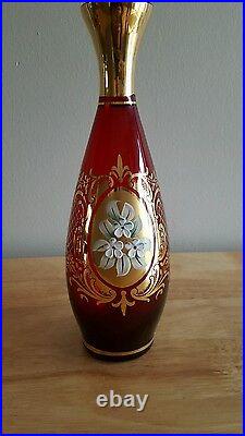 Vintage Bohemian Style Rose Red Gold Gild DECANTER + 6 Glasses Raised Enamel