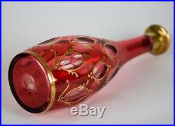 Vintage Bohemian Venetian Cranberry Glass Cut to Clear Panels Gold Trim Decanter