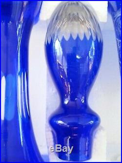 Vintage Bohemian hand cut Blue to Clear crystal decanter & 6 wine goblets