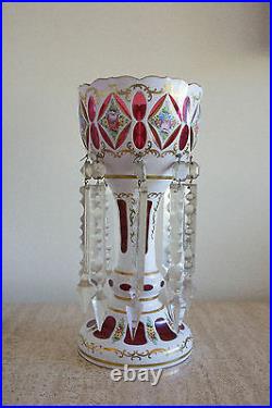 Vintage Bohemian white overlay Cranberry luster crystal prisms (12)