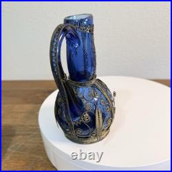 Vintage Bottle Cobalt Blue Decanter Glass Metal Wrapped Rare