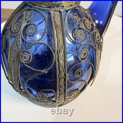 Vintage Bottle Cobalt Blue Decanter Glass Metal Wrapped Rare