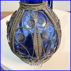 Vintage Bottle Cobalt Blue Decanter Glass Metal Wrapped Rare