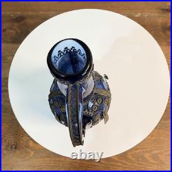 Vintage Bottle Cobalt Blue Decanter Glass Metal Wrapped Rare