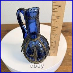 Vintage Bottle Cobalt Blue Decanter Glass Metal Wrapped Rare