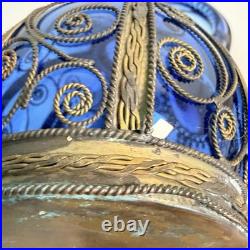 Vintage Bottle Cobalt Blue Decanter Glass Metal Wrapped Rare