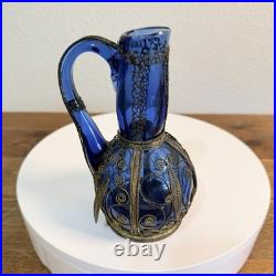 Vintage Bottle Cobalt Blue Decanter Glass Metal Wrapped Rare