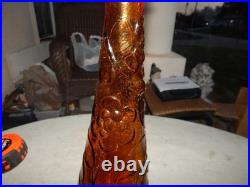 Vintage Brown Glass Flower Genie Bottle Wine Bottle Decanter Italy Estate Find