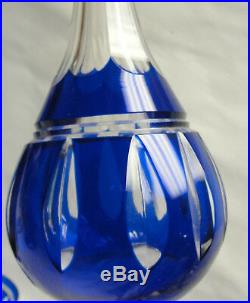 Vintage COBALT Cut to Clear Crystal CORDIAL / APERITIF DECANTER + 4 GOBLETS
