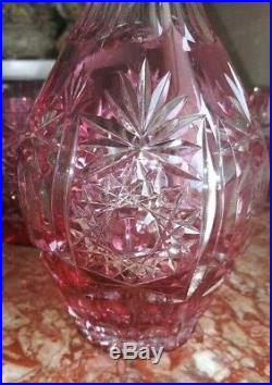 Vintage Camberry Cut-to-Clear Pink Bohemian Decanter and Six Glass Set
