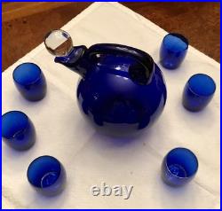 Vintage Cambridge Cobalt Blue Glass Ball Decanter Withstopper & 6 Glasses Mint