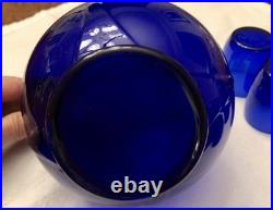 Vintage Cambridge Cobalt Blue Glass Ball Decanter Withstopper & 6 Glasses Mint