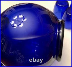 Vintage Cambridge Cobalt Blue Glass Ball Decanter Withstopper & 6 Glasses Mint