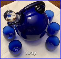 Vintage Cambridge Cobalt Blue Glass Ball Decanter Withstopper & 6 Glasses Mint