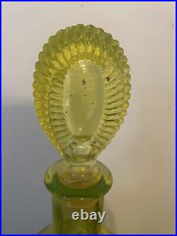 Vintage Canary Yellow Vaseline Uranium Glass Decanter Sunburst Wheel 12 3/4