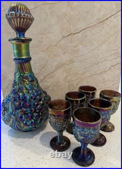 Vintage Carnival Glass Decanter and Stemware, Estate Find