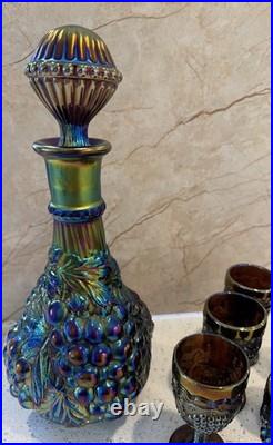 Vintage Carnival Glass Decanter and Stemware, Estate Find