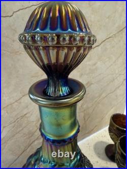 Vintage Carnival Glass Decanter and Stemware, Estate Find