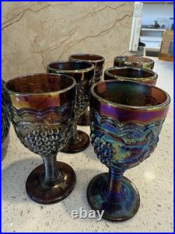 Vintage Carnival Glass Decanter and Stemware, Estate Find