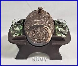 Vintage Ceramic Pottery Keg Barrel Bar Set Wood Stand & 4 Vaseline Shot Glasses