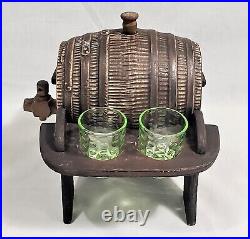 Vintage Ceramic Pottery Keg Barrel Bar Set Wood Stand & 4 Vaseline Shot Glasses
