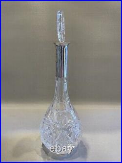 Vintage Clear Cut Crystal Decanter and Stopper with Sterling Silver Neck Overlay