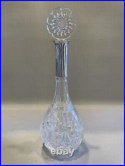 Vintage Clear Cut Crystal Decanter and Stopper with Sterling Silver Neck Overlay