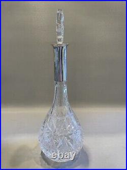 Vintage Clear Cut Crystal Decanter and Stopper with Sterling Silver Neck Overlay