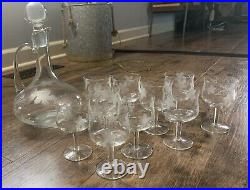 Vintage Clear Glass Leaf Pattern Etched Decanter & 10 matching cordial glasses