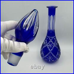 Vintage Cobalt Blue Cut to Clear Crystal Decanter Large Bohemian Czech Glass