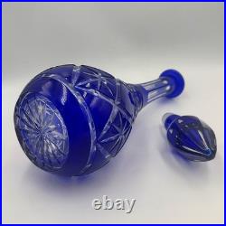 Vintage Cobalt Blue Cut to Clear Crystal Decanter Large Bohemian Czech Glass
