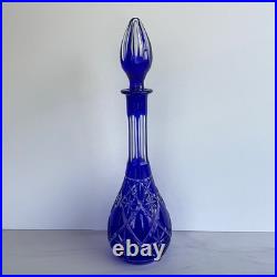 Vintage Cobalt Blue Cut to Clear Crystal Decanter Large Bohemian Czech Glass