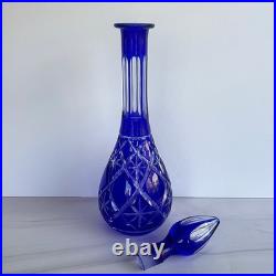 Vintage Cobalt Blue Cut to Clear Crystal Decanter Large Bohemian Czech Glass