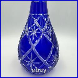 Vintage Cobalt Blue Cut to Clear Crystal Decanter Large Bohemian Czech Glass