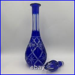 Vintage Cobalt Blue Cut to Clear Crystal Decanter Large Bohemian Czech Glass
