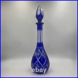 Vintage Cobalt Blue Cut to Clear Crystal Decanter Large Bohemian Czech Glass